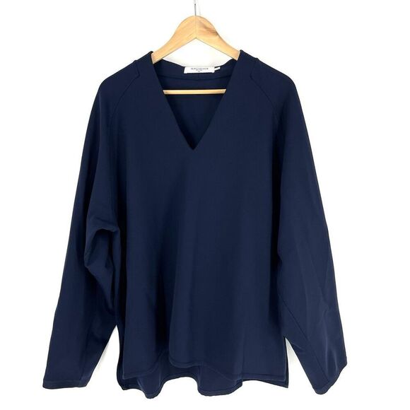 MM LaFleur Blouse Size XXL Navy V Neck Long Raglan Sleeve Ponte Knit Career Top - Picture 1 of 9